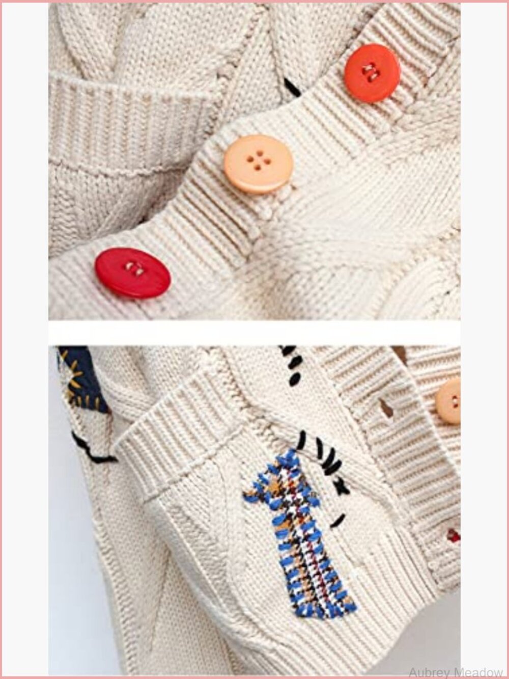 Womens Cable Knit Embroidery Patchwork Cardigan V Neck Long Sleeve Open Front - Picture 5 of 5